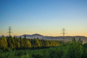 Power lines shown running through a wooded area